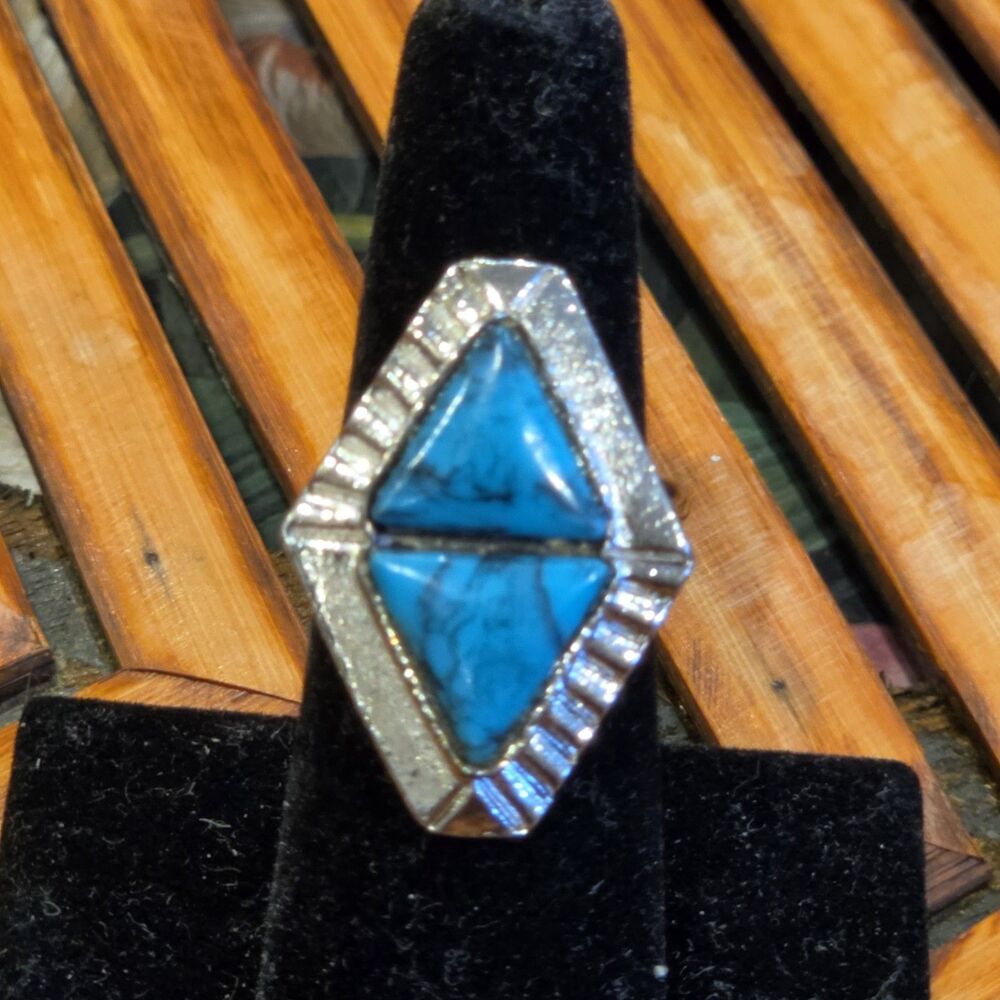Vintage Southwestern Silver Turquoise Double Triangle Statement Ring Size 7.5